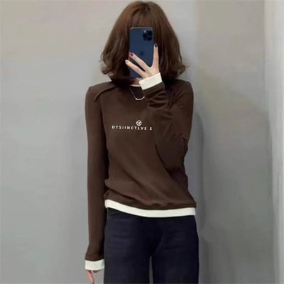 圆领磨毛假两件长袖t恤女设计感小众高级感内搭打底衫2024秋冬季