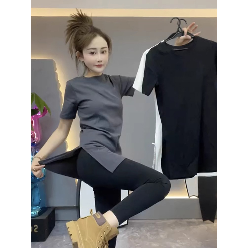纯棉薄款中长款修身开叉t恤