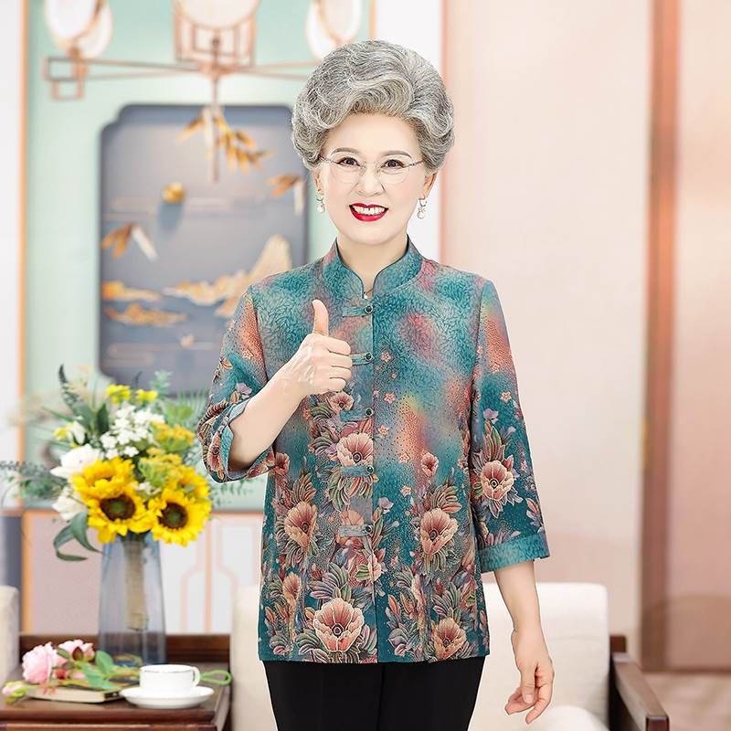 老年人夏装女套装奶奶唐装衬衫七分袖太太衣服中老年妈妈夏季衬衣