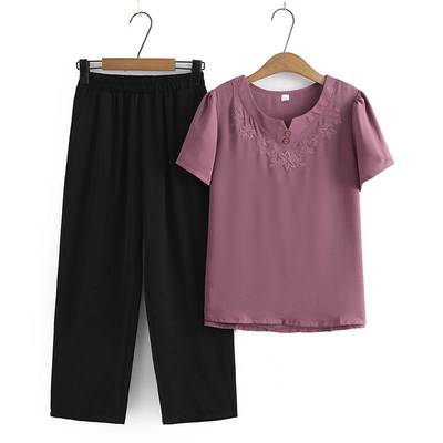 2023中老年妈妈两件套夏装上衣短袖t恤宽松老人洋气小衫奶奶套装