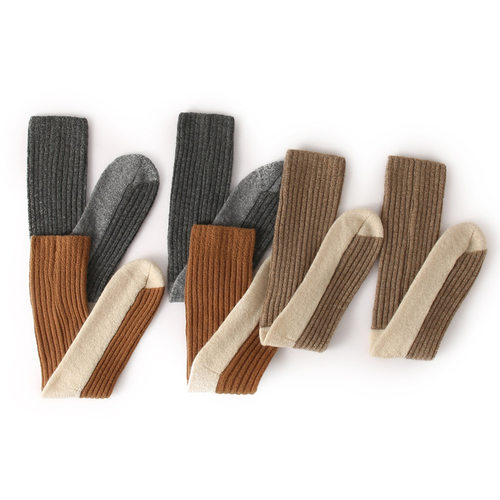 100%纯山羊绒秋冬新款男女拼色竖条中筒袜长腿袜显瘦袜子中筒