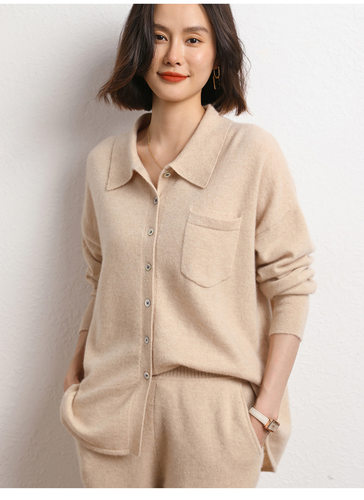 95%软糯山羊绒秋冬新款女装宽松POLO领前短后长保暖纯色针织开衫