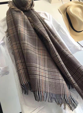 明星加宽秋冬季千鸟格女士长款百搭保暖100%纯羊毛重磅围巾披肩