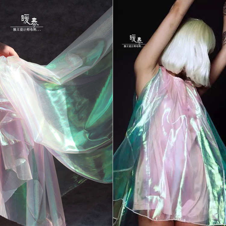 绿光微粉幻彩网纱蕾丝透视七彩镭射服装布料连衣裙设计师创意面料