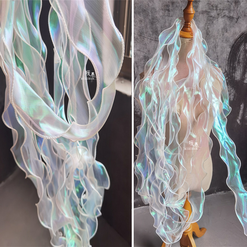 幻彩绿起伏花边欧根纱边辅料 肌理荷叶波浪diy设计师镭射材料面料