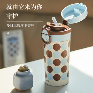 肆月便携吸管保温杯高颜值咖啡随行杯女士316不锈钢高颜值25新款