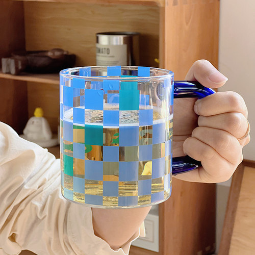 肆月高硼硅玻璃棋盘格杯子