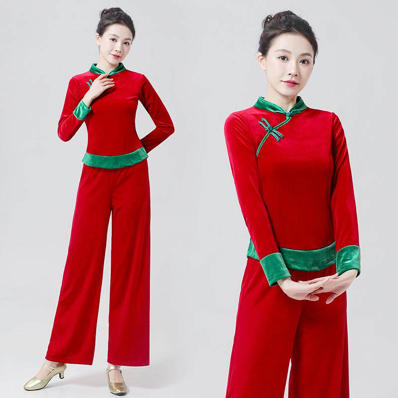 跳舞运动广场舞服装女秋冬2024新款扇子舞蹈金丝绒大妈秧歌服套装