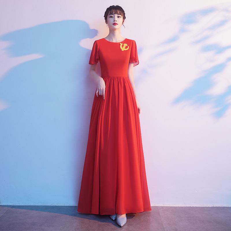 工厂价现代大合唱团演出服女比赛表演服装时尚大气红色礼服长裙气