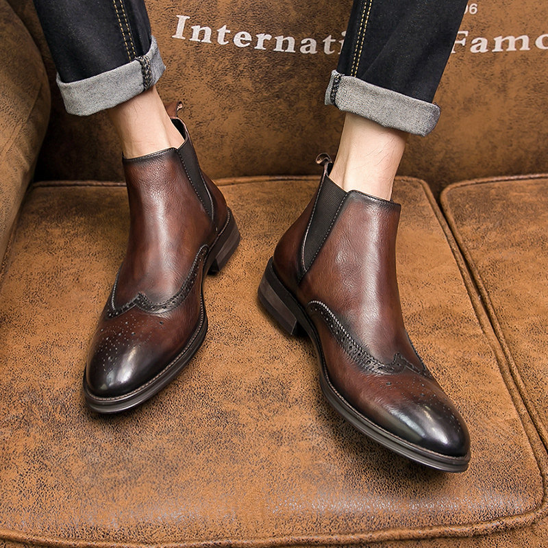 冬季真皮保暖高帮皮靴布洛克男士