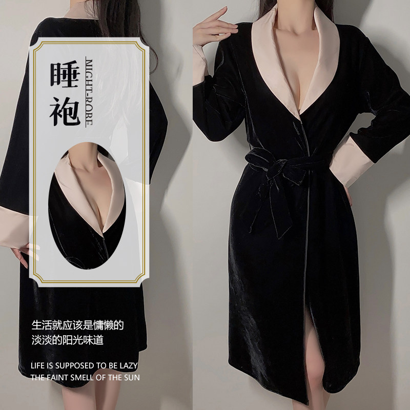 性感睡衣秋冬高级感轻奢翻领深V纯欲系带丝绒睡袍女士慵懒家居服