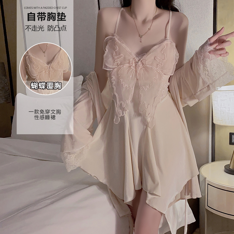 性感睡衣女网红丝绒少女纯欲风蝴蝶吊带睡裙带胸垫小胸家居服套装