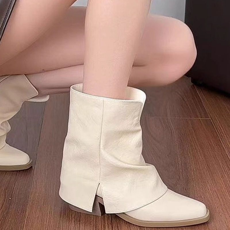 真皮白色粗跟短靴女绝美裤管靴子