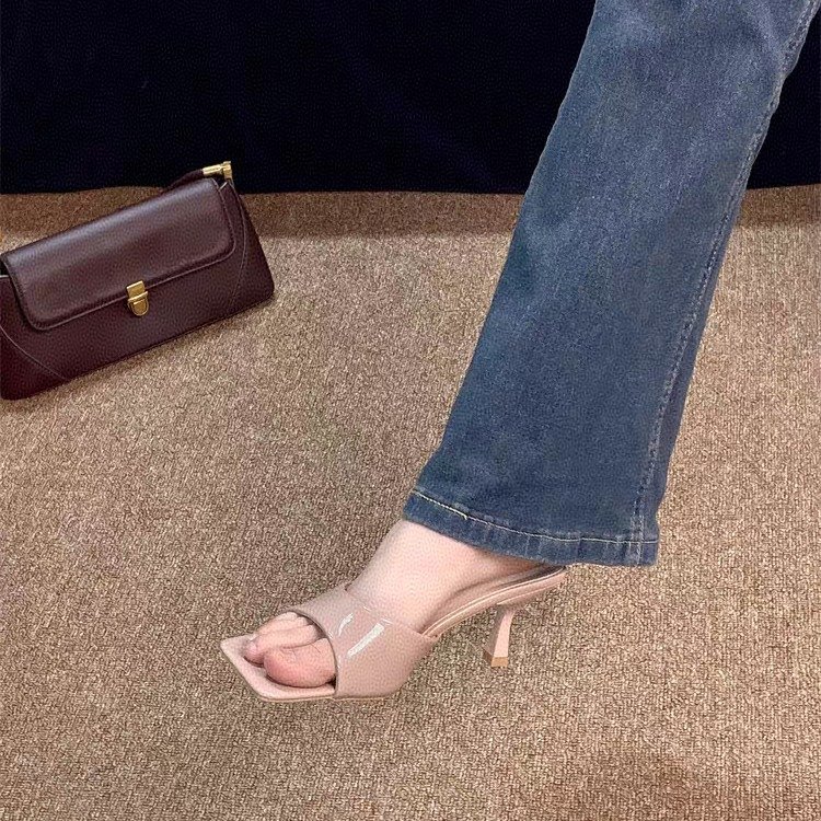 羊皮版裸色高跟鞋女夏一字拖外穿