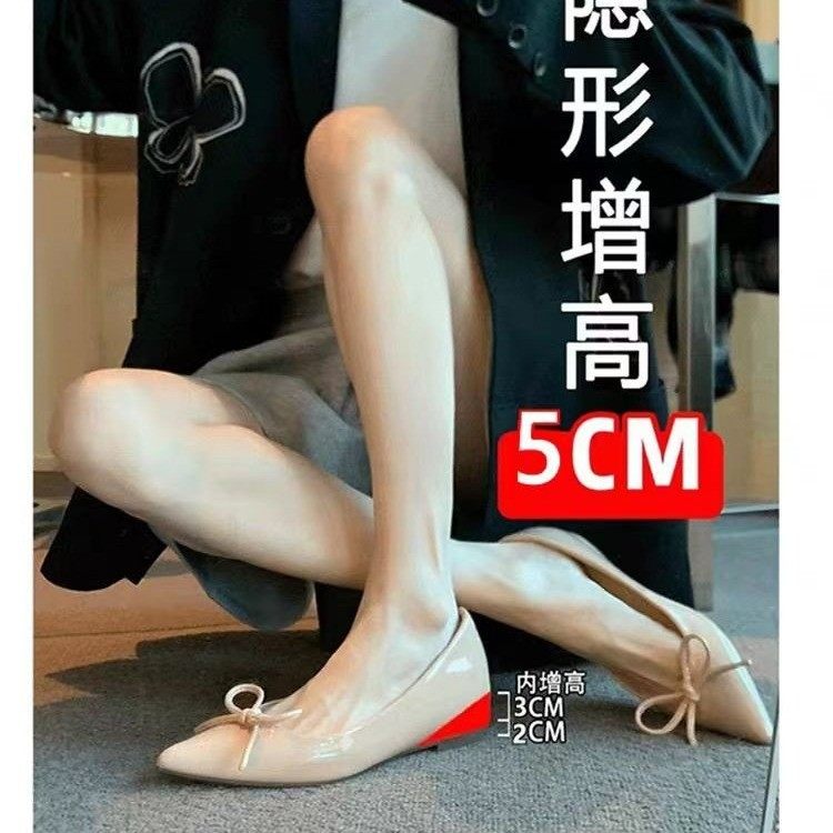 真皮尖头内增高平底单鞋女高跟鞋