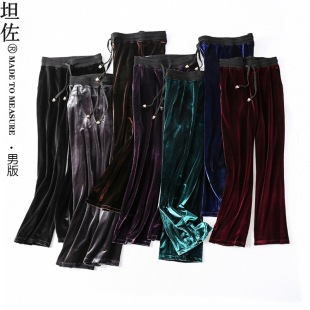 坦佐25年春秋男士 休闲真进口金丝绒天鹅绒松紧高腰宽松直筒阔腿裤