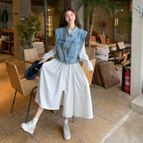 法式温柔风初恋连衣裙女春秋2025新款流行牛仔马甲套装裙子两件套，女装套装/套裙，浙宝091A