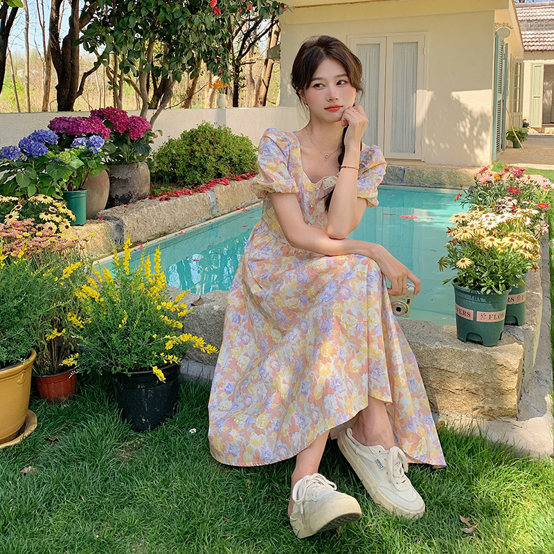 现货，超美印花碎花方领复古连衣裙091A-2407-p110K168，女装连衣裙，浙宝091A