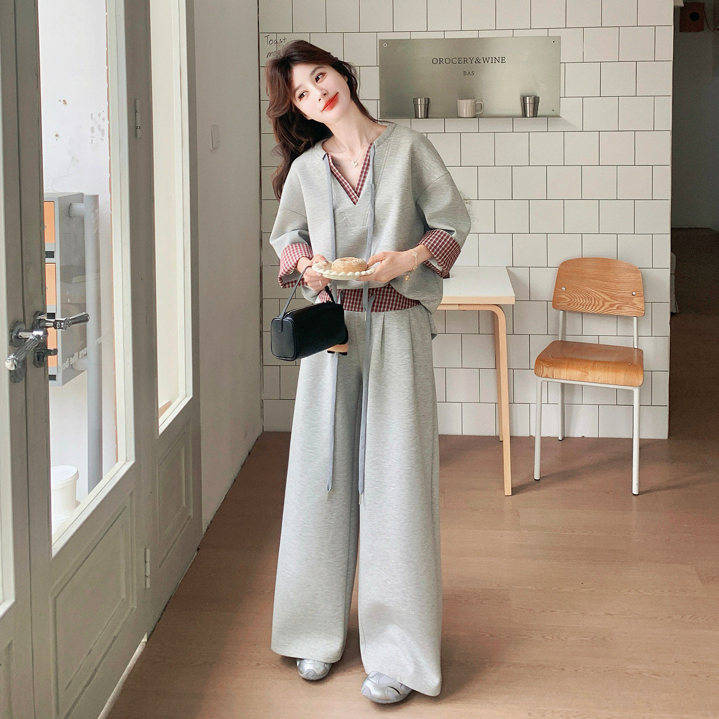 新款，ins风休闲拼接格子空气层卫衣套装091A-2604-P160k258，女装套装/套裙，浙宝091A