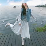 法式温柔风初恋连衣裙女春秋2025新款流行牛仔马甲套装裙子两件套，女装套装/套裙，浙宝091A