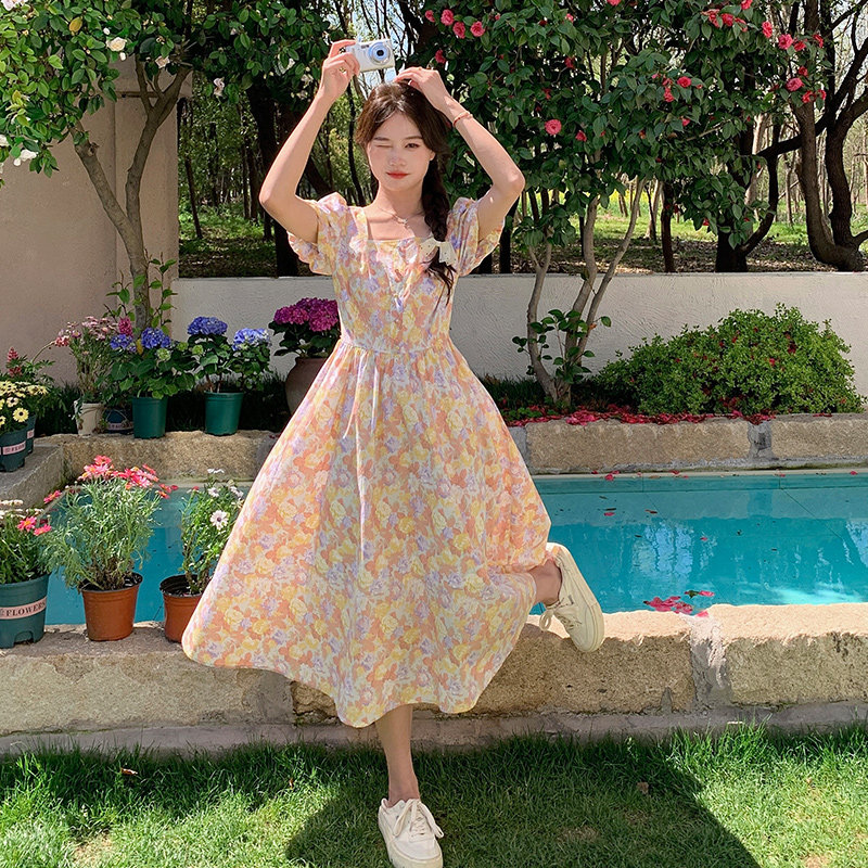 2024夏季新款超美印花碎花方领复古全棉连衣裙091A-2407-p110K168,女装连衣裙,浙宝091A