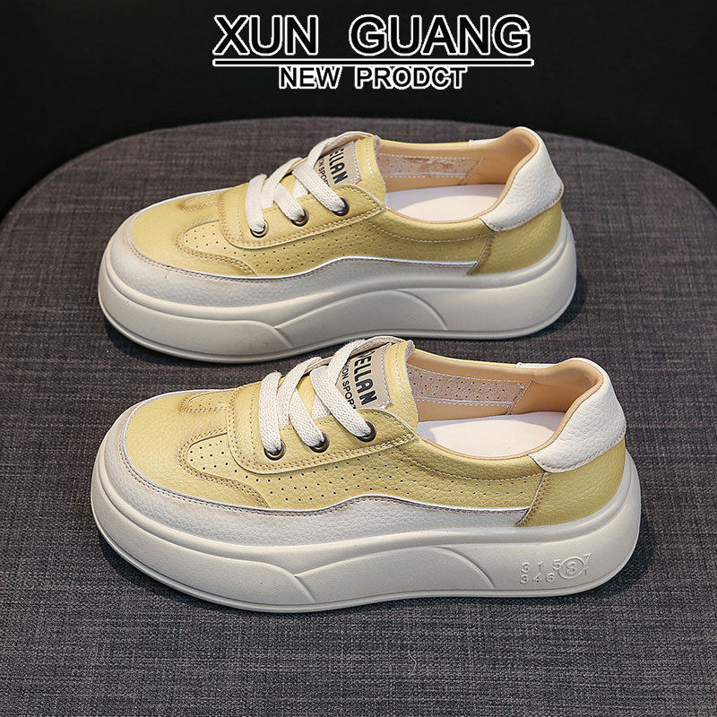 牛皮版真皮厚底运动板鞋女款2025夏季薄款透气单鞋休闲小白鞋子