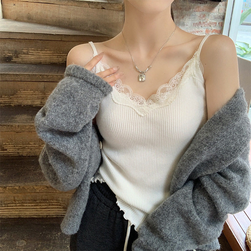 蕾丝吊带女内搭打底针织背心2025新款秋冬外穿小众v领上衣可外穿