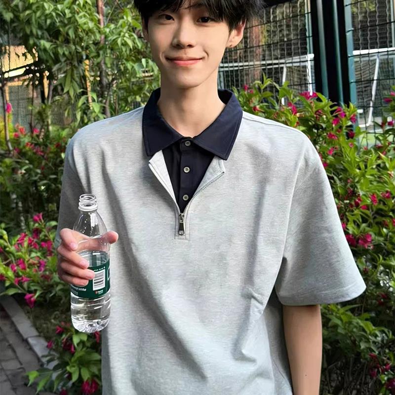 人夫感假两件polo衫短袖男夏季美式正肩cleanfit高级感半拉链t恤