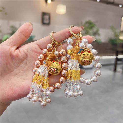 时尚珠串水晶链创意招财猫国风寓意祝福手机挂链新款汽车钥匙包挂