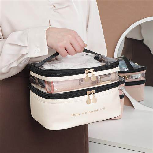 新款双层pvc化妆包洗漱包手提大容量多功能便携旅行护肤品收纳袋