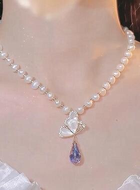 网红爆款设计感蝴蝶紫色水晶项链女小众高级感气质百搭精致锁骨链