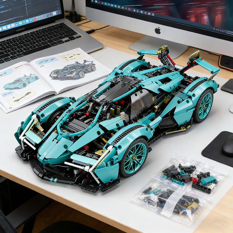 日本机械拼装模型兰博黑武士V12积木遥控汽车跑车男孩益智玩具车