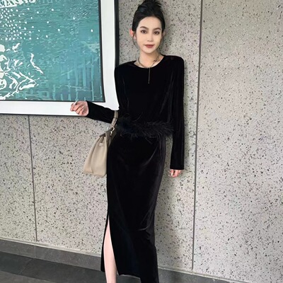 秋季新款套装裙丝绒黑色连衣裙女