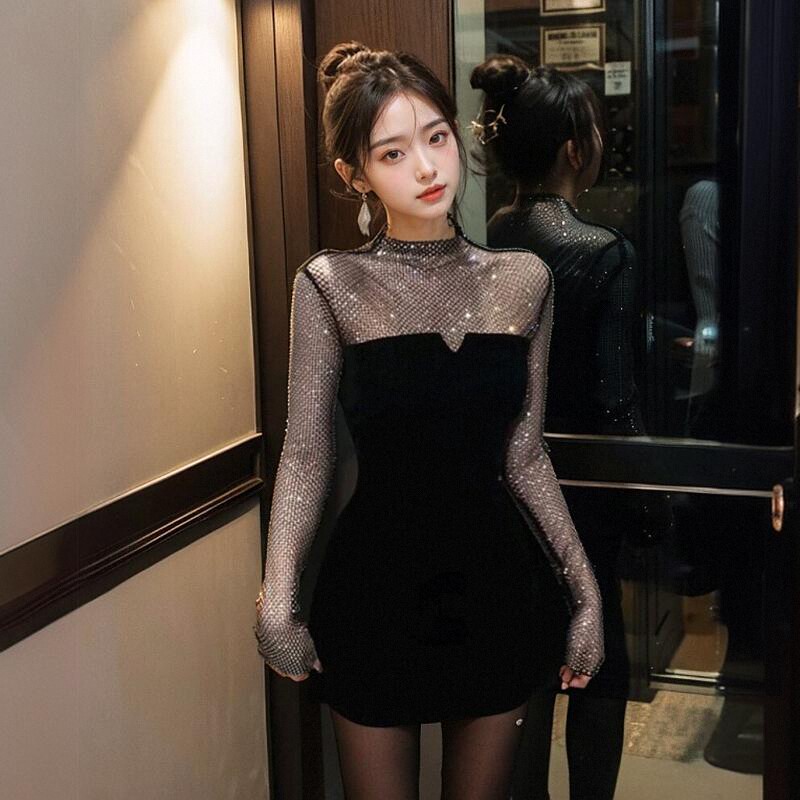 法式赫本风黑色镶钻收腰连衣裙女