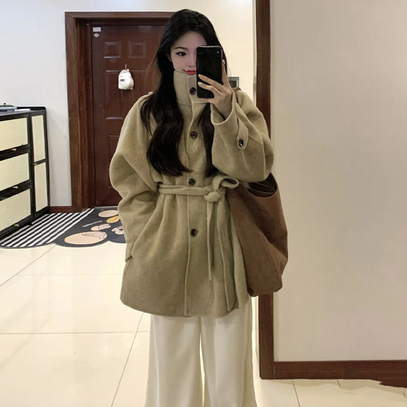秋冬新款立领收腰双面毛呢外套女气质高级感卡其色中长款保暖大衣,女装/女士精品,常规大码外套,淘宝优惠券,粉丝福利购,淘宝优惠卷