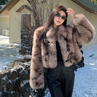 复古牛角扣豹纹仿狐狸毛皮草短款外套女冬季新款年轻款毛毛大衣女