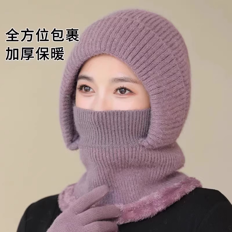 中老年人女款帽子围巾一体冬季新款妈妈毛线帽保暖奶奶护耳套头帽