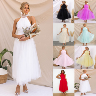 2025 Halter Neck Mesh Turtleneck Dress Ins Casual Vacation M