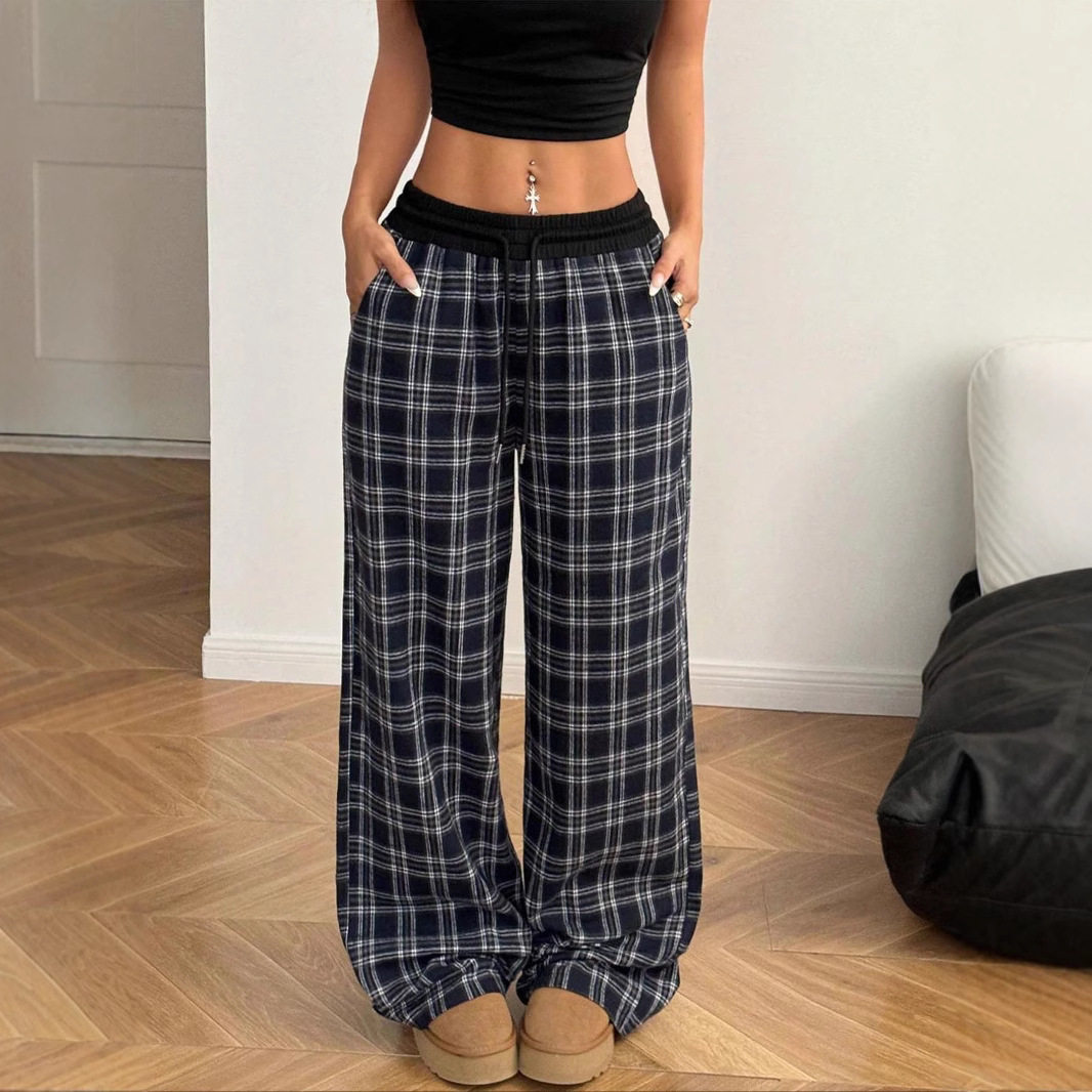 European Fashion Loose Elastic Waist Plaid Casual Pants For