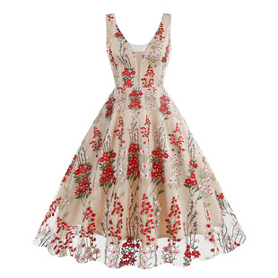 Embroidery Retro 50s Hepburn Sleeveless Dress neck