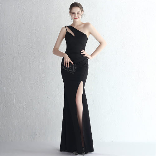 18987# Satin Slim Fit One-shoulder Long Celebrity Dinner Sli