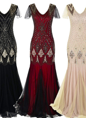 1920s Vintage Sequin Dress Banquet Party Large Size Long Eve