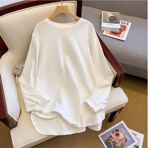 White Midi Long-sleeved T-shirt Women's Fleece-lined Europea