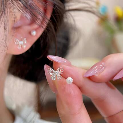 法式镂空银色蝴蝶结珍珠耳钉女精致小巧四件套耳环高级感轻奢耳饰