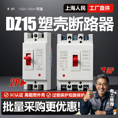 上海人民DZ15塑壳断路器2P 3P 32A 40A 63A 80A 100A空气开关380V