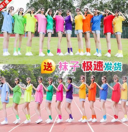 多巴胺糖果彩色t恤女闺蜜伴娘服姐妹装纯棉圆领短袖团体演出聚会
