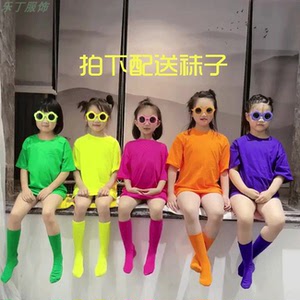 儿童夏季糖果彩色纯棉短袖t恤小学生毕业班服幼儿园演出服亲子装