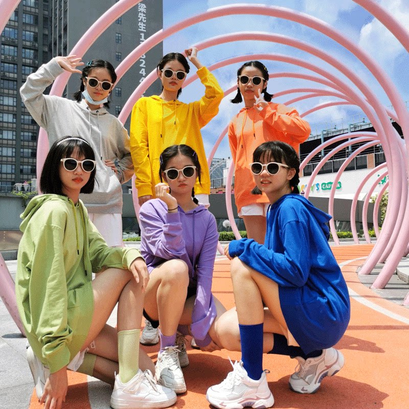 糖果彩色纯棉卫衣中大学生运动会服装幼儿园连帽卫衣长袖班服套装