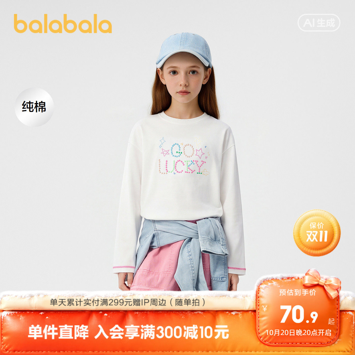 巴拉巴拉童装女童长袖t恤儿童2026春装新款圆领上衣纯棉衣服