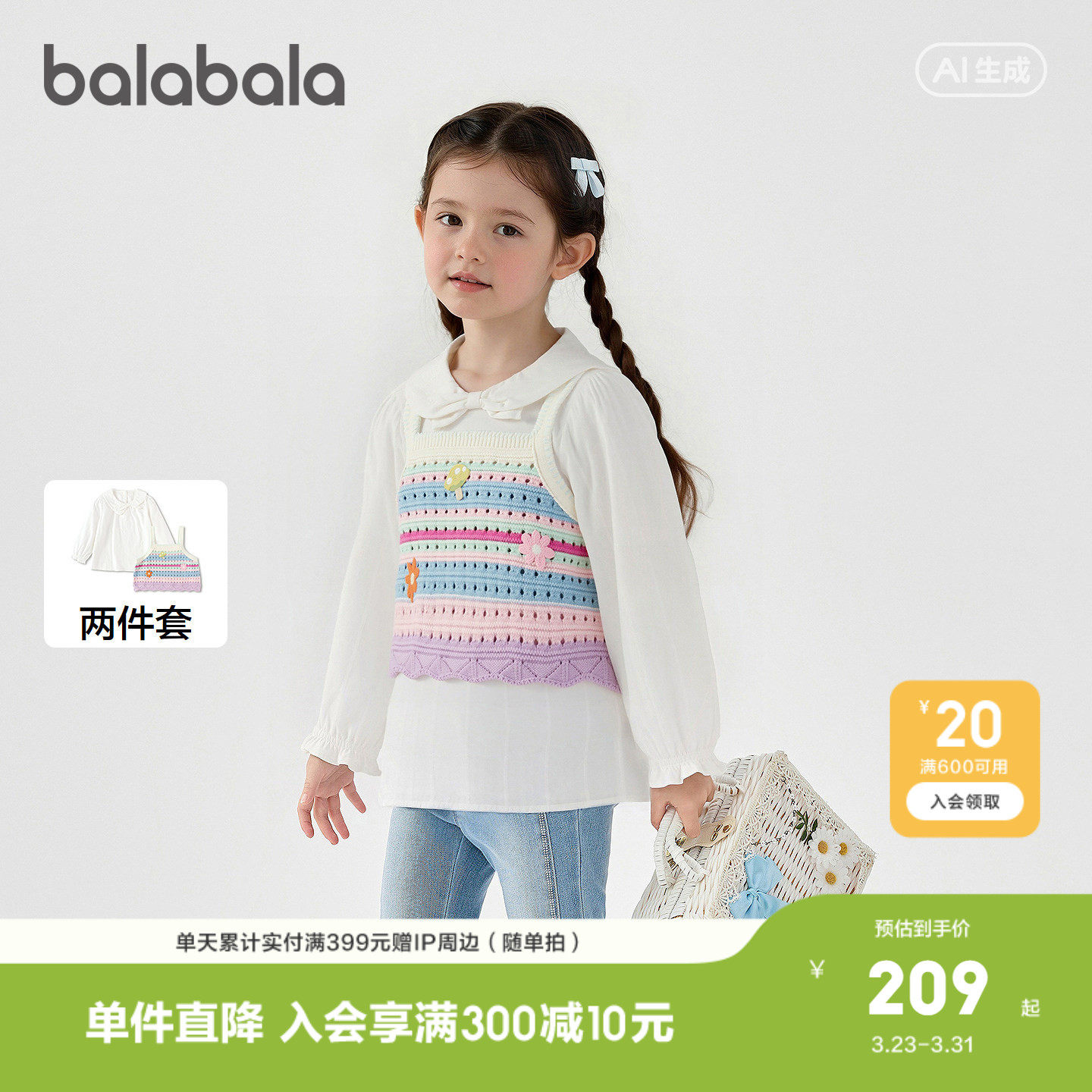 【商场同款】巴拉巴拉儿童长袖衬衫女童2026年新款春秋时尚两件套